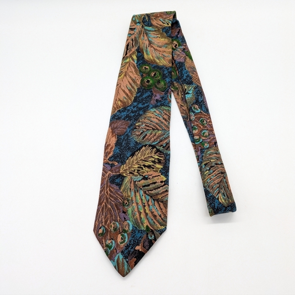 Vintage Florenzi Brown Blue Green Purple Artistic Abstract Leaf Tie